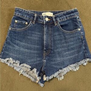 Dark Blue Zara Denim Shorts with Frayed Hem and Zip Fly